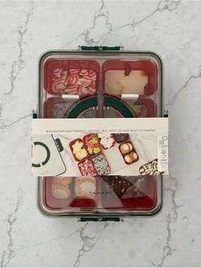 Tahari Home Red 8-Compartment Divided Serving Tray with Clear Lid